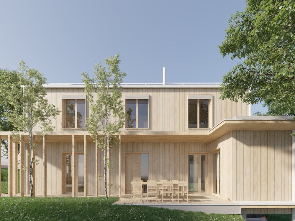 This CLT family residence was designed by Equinox, supporting the sustainability of the project by computational simulations.